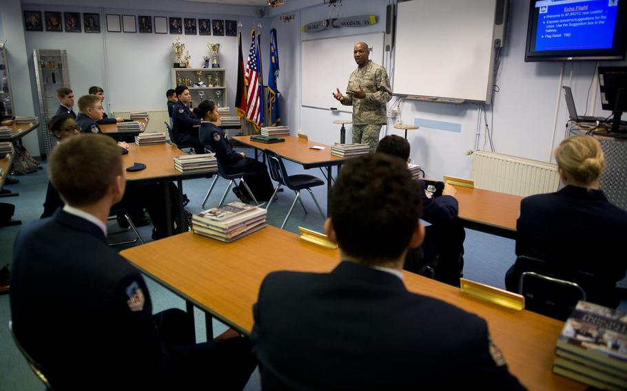 Chief Master Sgt. Kaleth Wright, U.S. Air Forces in Europe and Africa command chief master sergeant, speaks with Ramstein High School Air Force Junior Reserve Officer Training cadets at Ramstein Air Base, Germany, on Monday, Jan. 23, 2017.