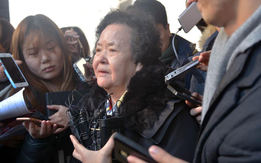 Lee Bok-su, the mother of a South Korean college student murdered in 1997, talks to reporters outside the Supreme Court in Seoul on Wednesday, Jan. 25, 2017. The court upheld a 20-year prison sentence for Arthur Patterson, the former U.S. Forces Korea dependent convicted in the killing.