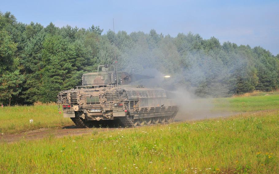 A German Bundeswehr mechanized infantry unit fires on a live-fire range in Bergen, Germany, in September. Like many other NATO members, Germany is nervous about President Donald Trump's commitment to the alliance.