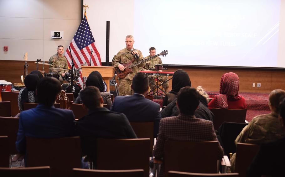 Sgt. Wesley Wagner heads a workshop on jazz improvisation during a three-day conference with music students and instructors from Kabul University at the U.S. Embassy,Wednesday, Jan. 25, 2017.