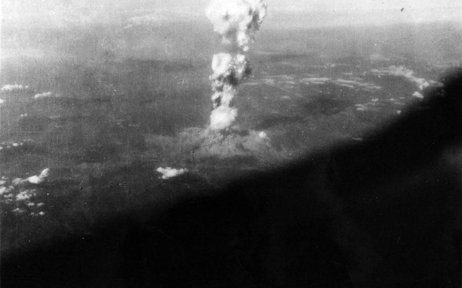 This photograph discovered by Hiroshima Peace Memorial Museum officials at the Library of Congress late last year is believed to have been taken from the B-29 bomber Enola Gay after it dropped the world's first atomic bomb on Hiroshima, Japan, on Aug. 6, 1945.