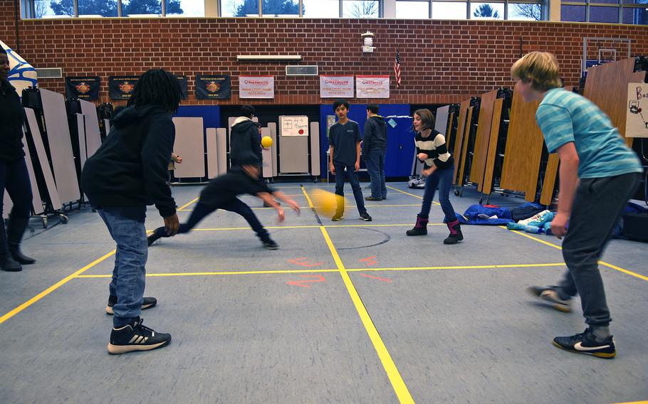 Kids get moving during a game of four-square at a family wellness night onThursday, Jan. 26, 2017, at Landstuhl Elementary/Middle School in Landstuhl, Germany.