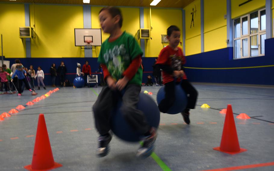 Bouncy ball races sent kids airborne during a family wellness night Thursday, Jan. 26, 2017, at Landstuhl Elementary/Middle School in Landstuhl, Germany.