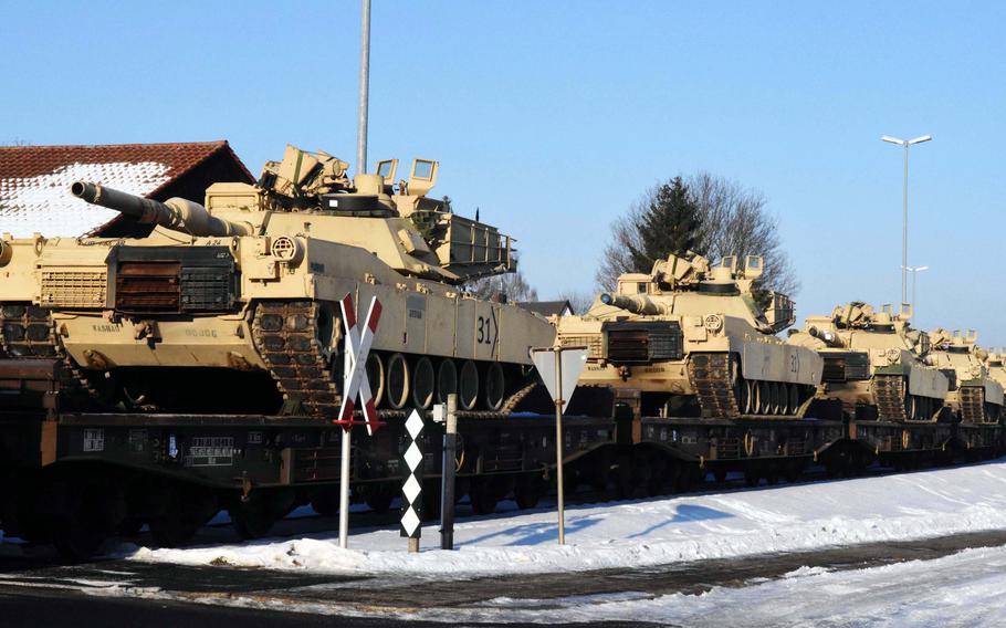 M1 Abrams tanks arriving to the Grafenwoehr Training Area, Germany, Friday, Jan. 27, 2017. These are the first tanks to push out from Poland during Operation Atlantic Resolve. 

Martin Egnash/Stars and Stripes