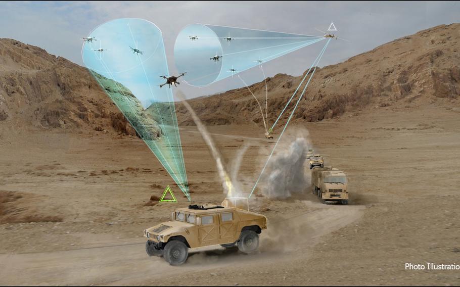 Private and military organizations are researching ways to protect troops from armed drones. This illustration, from the Defense Advanced Research Projects Agency, is a conceptual drawing of how a mobile airborne system could track and possibly jam incoming drone swarms.