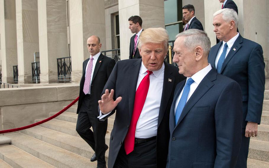 President Donald Trump departs from the Pentagon alongside Secretary of Defense Jim Mattis, Jan. 27, 2017.