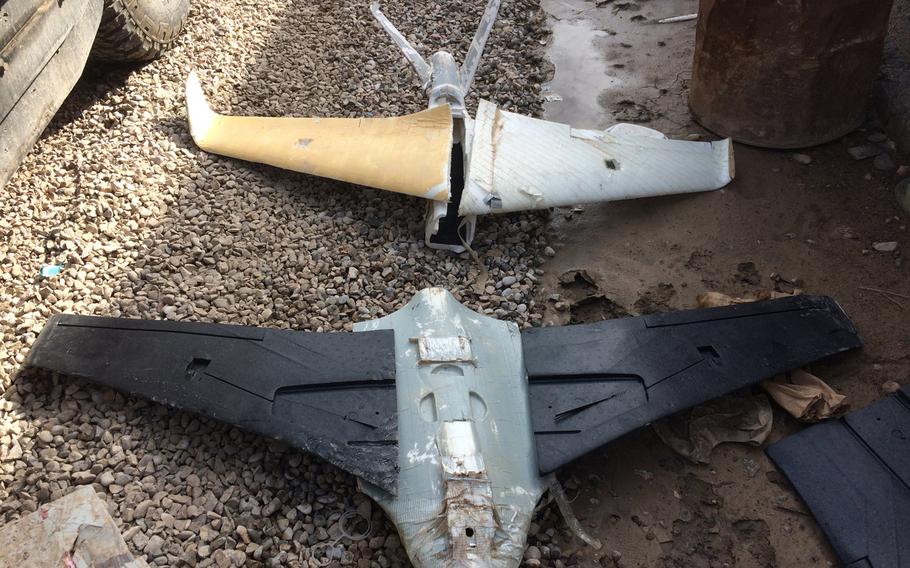 Homemade Islamic State drones captured by Iraqi special forces in Mosul, Iraq, pictured Monday, Jan. 30, 2017.