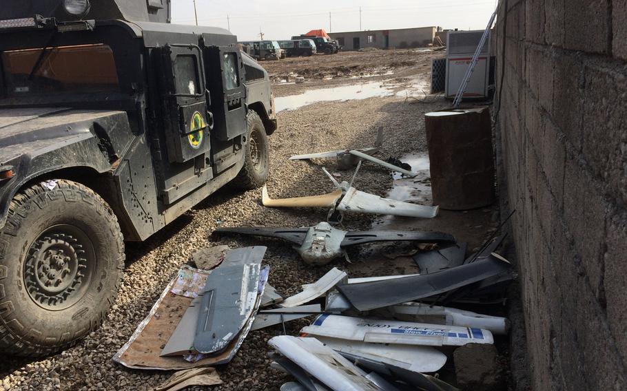 The remains of homemade Islamic State drones captured by Iraqi special forces in Mosul, Iraq, pictured on Monday, Jan. 30, 2017.