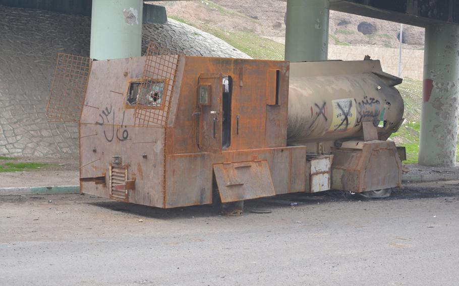Suicide truck bombs like this one, pictured near Mosul University in late January 2017, are the biggest threat west of the Tigris River, according to Iraqi special forces commanders.