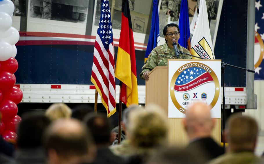 Col. Karen Fleming, Army and Air Force Exchange Service logistics deputy director, speaks during the Europe distribution center ribbon-cutting ceremony at Germersheim Army Depot, Germany, on Wednesday, Feb. 1, 2017.