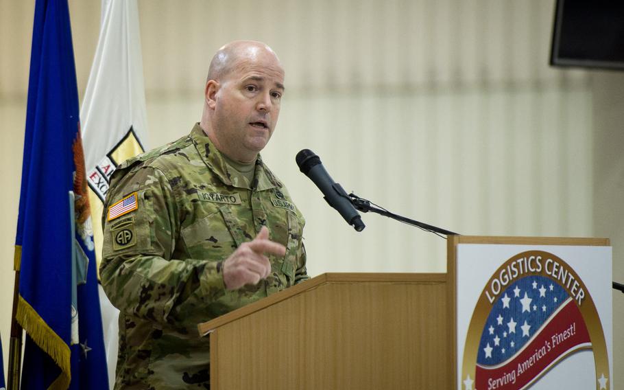 Col. Keith Igyarto, U.S. Army Garrison Rheinland-Pfalz commander, speaks during the Army and Air Force Exchange Service distribution center ribbon-cutting ceremony at Germersheim Army Depot, Germany, on Wednesday, Feb. 1, 2017.