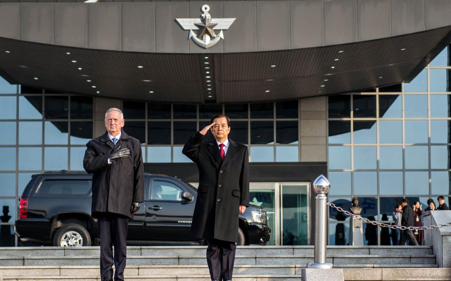 Secretary of Defense Jim Mattis and South Korean Defense Minister Han Min-koo take part in a welcome ceremony for Mattis in Seoul, South Korea, Friday, Feb. 3, 2017.