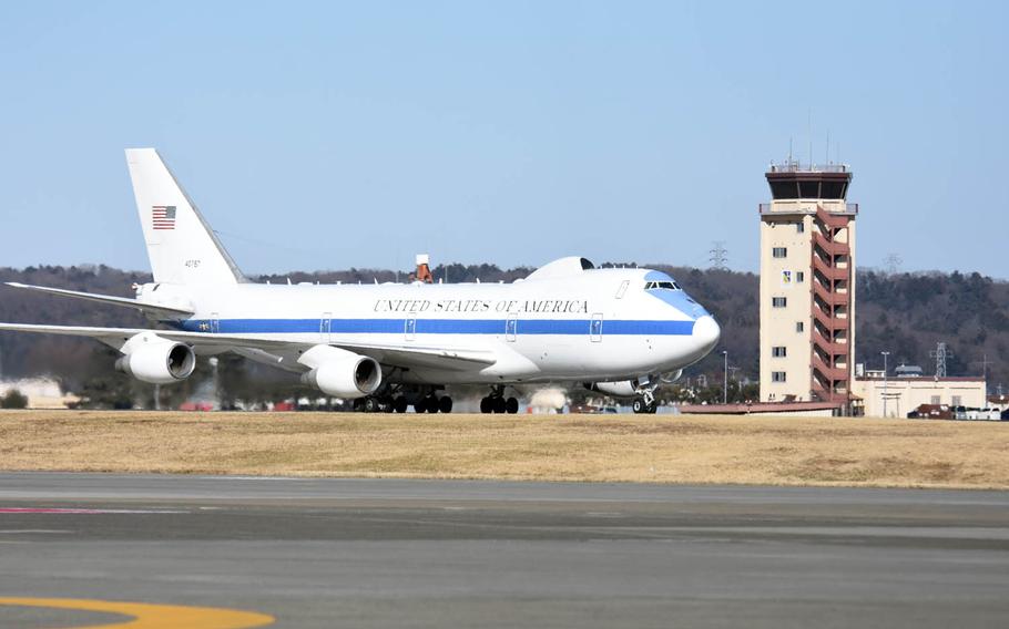 A plane carrying Secretary of Defense Jim Mattis arrives at Yokota Air Base, Japan, Friday, Feb. 3, 2017.