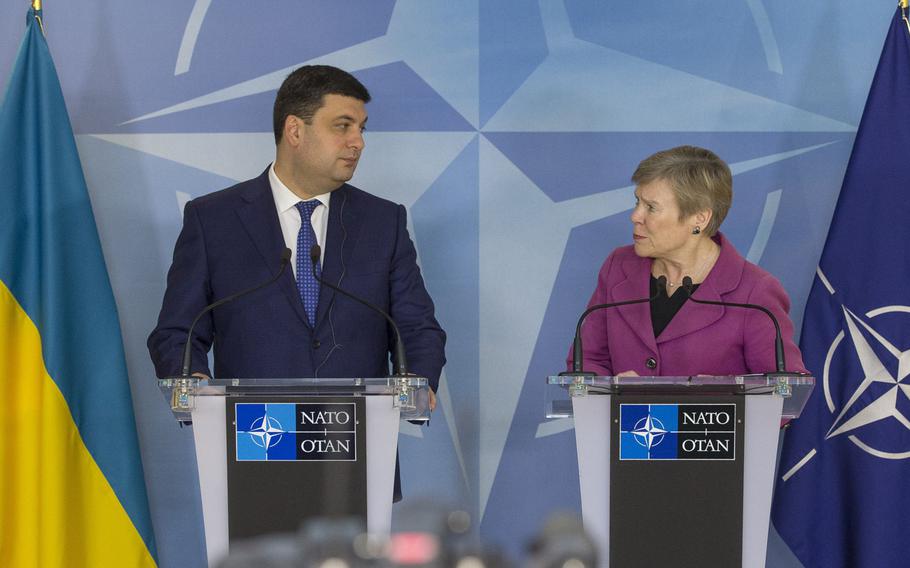 NATO Deputy Secretary General Rose Gottemoeller and Ukrainian Prime Minister Volodymyr Groysman, speak to the media following a meeting at NATO headquarters in Brussels, Belgium, Thursday, February 9, 2017.
