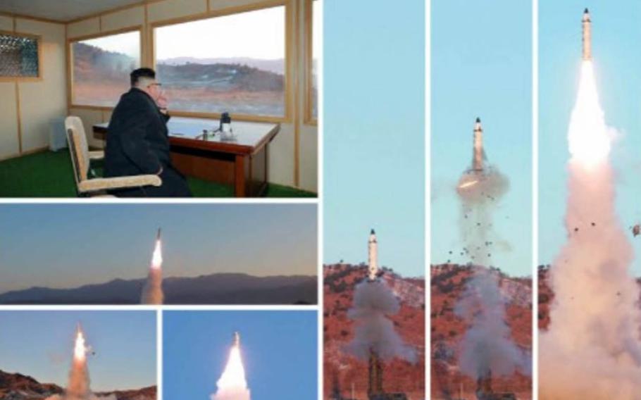 North Korean leader Kim Jong Un is shown in photos purportedly observing the launch of an intermediate-range missile over the weekend. The ruling Workers' Party newspaper, Rodong Sinmun, did not provide details about the photos, but they were published with a front-page article describing the missile test as a success.