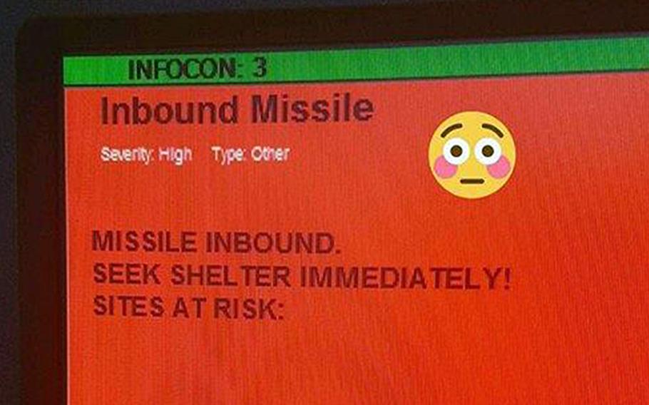An altered screenshot of the test "incoming missile" message that was inadvertently sent to all airmen with the 52nd Fighter Wing at Spangdahlem Air Base, Germany, on Tuesday. The screenshot, adding an emoji that wasn't on the original message, was posted by someone to the Air Force amn/nco/snco Facebook page.