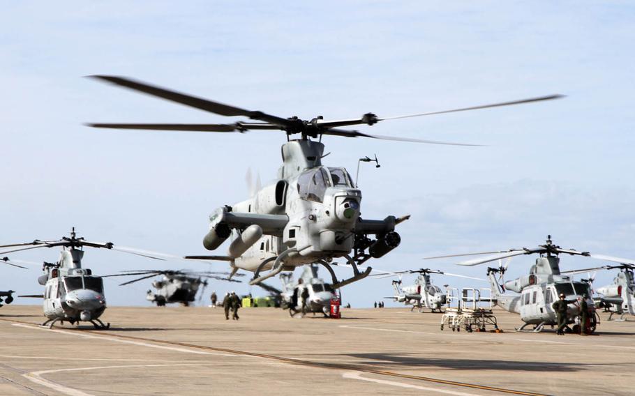 An AH-1Z Viper attack helicopter lifts off at Marine Corps Air Station Futenma, Okinawa, Feb. 3, 2017.