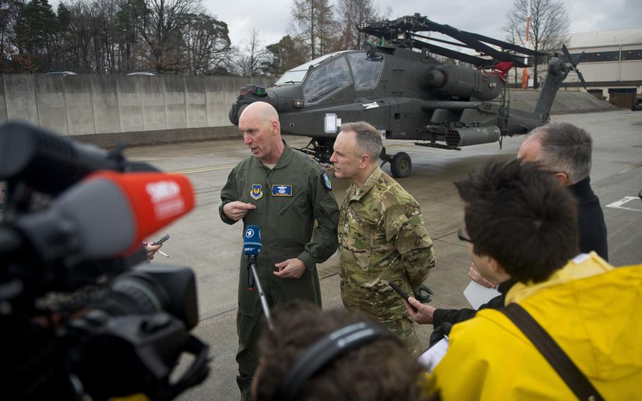 Maj. Gen. Timothy Zadalis, U.S. Air Forces in Europe and Africa vice commander, left, and Brig. Gen. Phillip Jolly, U.S. Army Europe Army Reserve Engagement Cell director, speak to the media at Ramstein Air Base, Germany, on Wednesday, Feb. 22, 2017.