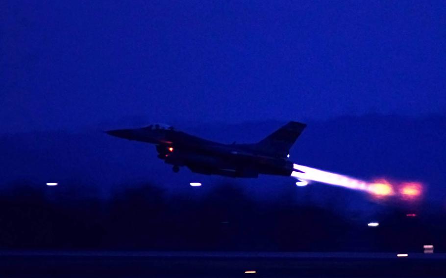 An F-16 Fighting Falcon assigned to the 36th Fighter Squadron takes off during Exercise Beverly Herd 17-1 at Osan Air Base, South Korea, Tuesday, Feb. 28, 2017.