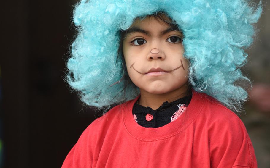 Gabriella Alcorta, a third-grader at Ramstein Intermediate School in Germany, dressed up as Thing Two, a character from Dr. Seuss' famous children's book "The Cat in the Hat." The school celebrated Dr. Seuss' birthday on Thursday, March 2, 2017, as part of the national Read Across America Day.