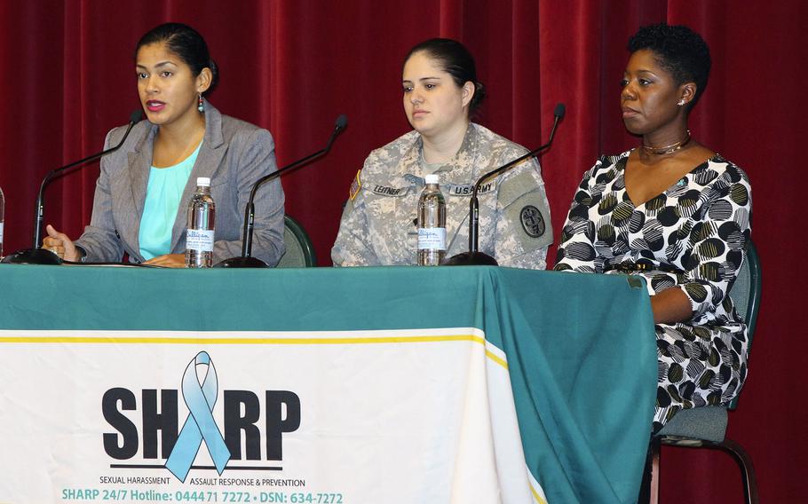 Capt. Joanna Moore, left, and Spc. Brittany Leitner, center, discussed their sexual assaults at a SHARP summit on sexual harassment and assault  on Thursday, March 3, 2017, at Caserma Ederle in Vicenza, Italy. With them was Stacy Taylor, a Sexual Assault & Response coordinator.