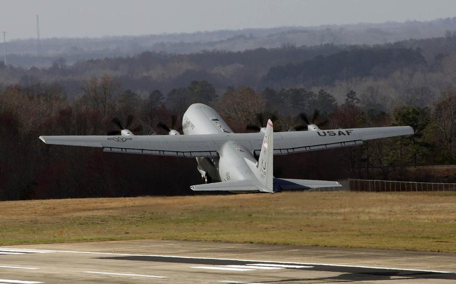 A C-130J Super Hercules takes off from a Lockheed Martin facility in Marietta, Ga., on Feb. 24, 2017. The new cargo plane will be based at Yokota Air Base, Japan.