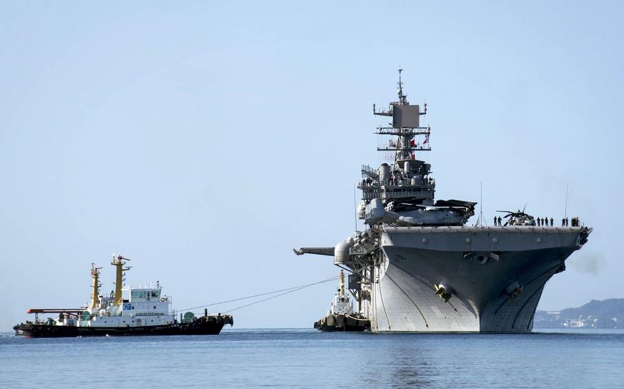 The amphibious-assault ship USS Bonhomme Richard arrives in Okinawa, Japan, Saturday, March 4, 2017. The Bonhomme Richard Expeditionary Strike Group began its spring patrol Wednesday, March 8, 2017, departing from Okinawa with elements of the 31st Marine Expeditionary Unit.