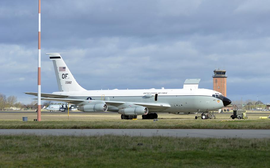 One of the two WC-135 Constant Phoenix jets in the U.S. Air Force parked at RAF Mildenhall, England, Thursday, March 2, 2017. The planes are equipped to sniff out particles in the air such as Iodine-131, which results from nuclear explosions.