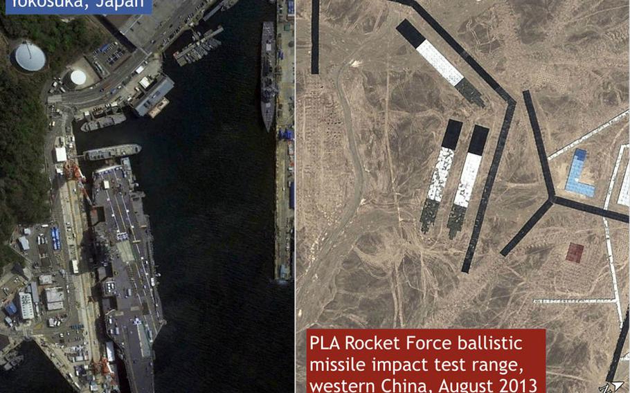Satellite images show similarities between Yokosuka Naval Base, Japan, left, and a missile-test range in western China.