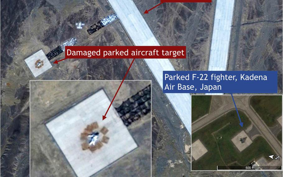 These Google Earth images compare an F-22 fighter at Kadena Air Base, Japan, with a damaged aircraft target and mock airfield at a Chinese missile-test range.