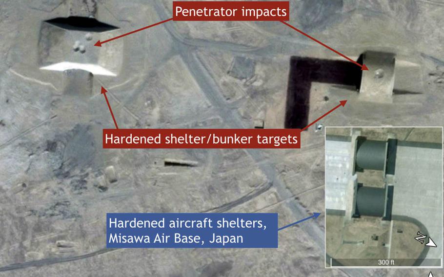 A Google Earth image shows the damage that Chinese missiles are capable of inflicting on hardened aircraft shelters that look a lot like those at Misawa Air Base, Japan.
