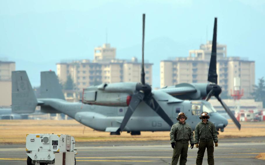 Okinawa-based Marine Corps MV-22B Ospreys visit Yokota Air Base, Japan, for an exercise, Tuesday, March 14, 2017.