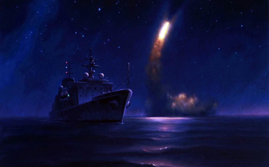 Morgan Wilbur, an artist with the Navy's Combat Art Program, completed this oil painting last year of a Trident II D5 Missile launching from the Ohio-class ballistic-missile submarine USS Kentucky.