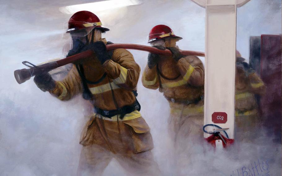 An oil painting by Kristopher Battles, an artist for the Navy's Combat Art Program.