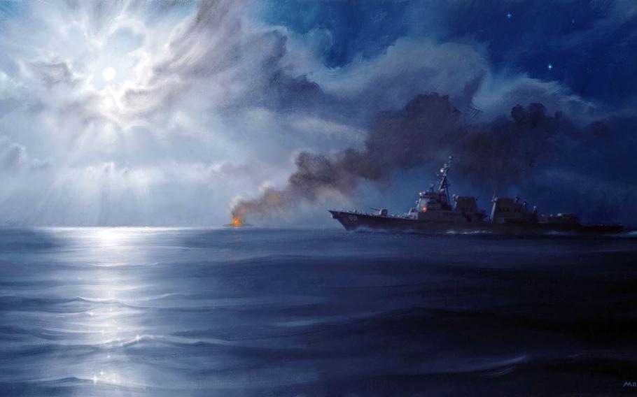 An oil painting by Morgan Wilbur of the Navy's Combat Art Program. Artists have been deploying with paints and brushes in hand since World War II to capture Navy history.