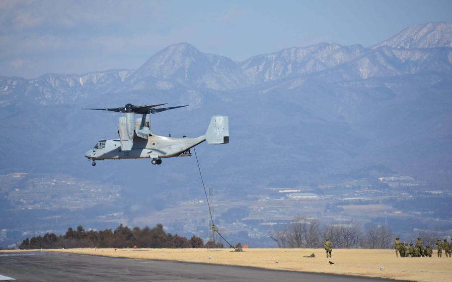 Okinawa-based U.S. servicemembers have joined Japanese troops in central Japan this week for training that includes air assaults from MV-22 Ospreys and CH-47 Chinook helicopters.