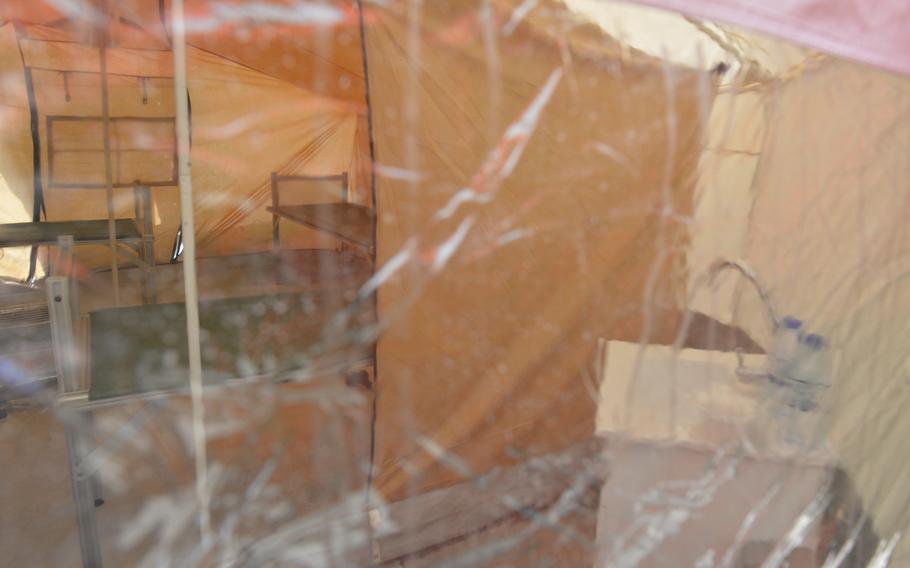 Pictured here on Saturday, March 11, 2017, is a wash station inside a tent where patients exposed to chemical agents near Mosul can be treated outside the West Erbil Emergency Hospital. The International Committee of the Red Cross set up two such tents.