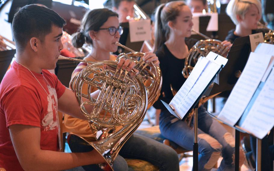 The horns rehearse a song during sectionals at the DODEA-Europe Honors Music Festival, Tuesday, March 14, 2017.