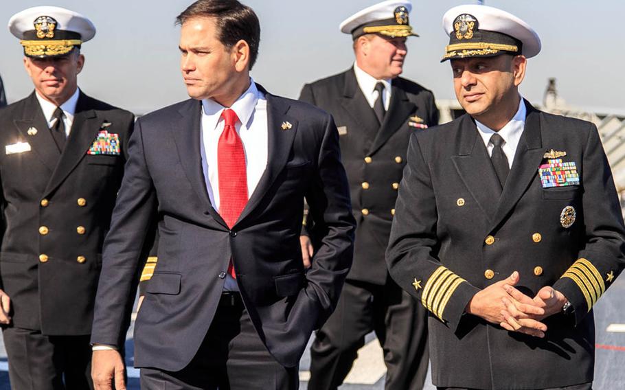 Sen. Marco Rubio, R-Fla., tours the guided-missile cruiser USS Shiloh at Yokosuka Naval Base, Japan, in 2014.