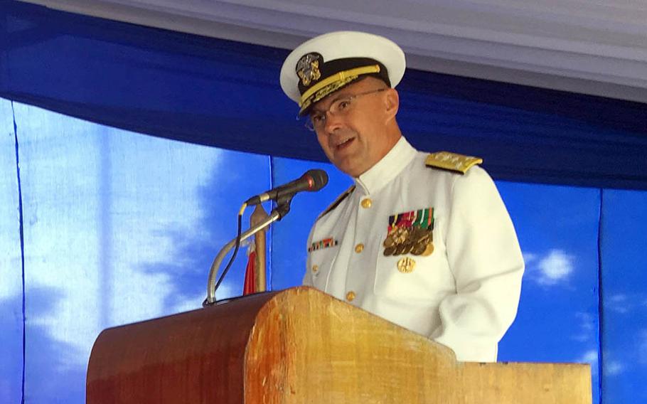 Navy Surgeon General Vice Adm. Forrest Faison speaks at a change-of-command ceremony in Cairo, Egypt, in September.