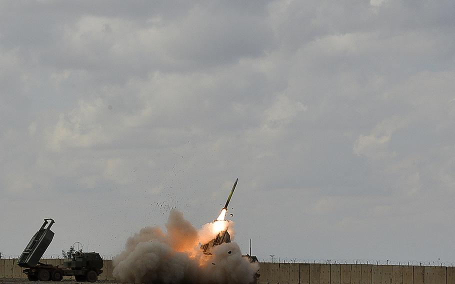 A High Mobility Artillery Rocket System launches a rocket toward Islamic State targets in Mosul, Iraq, from Qayara Airfield West, March 17, 2017. The ''Odin'' battery of the 18th Field Artillery Battery fired 10 of the roughly $100,000 precision-guided rockets on targets in Mosul, about 40 miles to the north, in the span of about 20 minutes.