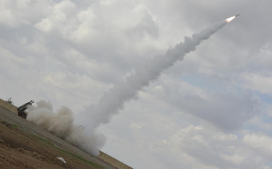 Pictured here a High Mobility Artillery Rocket System launches a rocket toward Islamic State targets in Mosul, Iraq, from Qayara Airfield West, March 17, 2017. The rockets cause limited unintended damage in built-up populated areas like Mosul, officials say, making them a weapon of choice for avoiding civilian casualties.