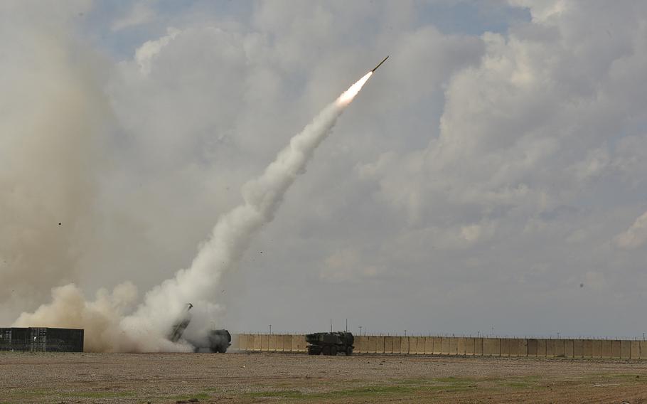 The M31 Guided Multiple Rocket System unitary rocket has a high-arching ballistic path to its target, which means it strikes at a near vertical angle, making it ideal for ''one shot, one kill'' strikes in dense urban areas, U.S. officials say. The rocket is pictured here being launched from a High Mobility Artillery Rocket System on Qayara Airfield West, Iraq, toward Islamic State targets roughly 40 miles away in Mosul, March 17, 2017.
