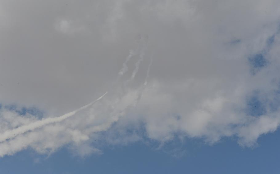 Smoke trails behind four M31 Guided Multiple Launch Rocket unitary rockets fired from High Mobility Artillery Rocket Systems on Qayara Airfield West, Iraq, March 17, 2017. Hundreds of the guided rockets have been used against Islamic State targets in the five-month long Iraqi-led campaign to retake Mosul.