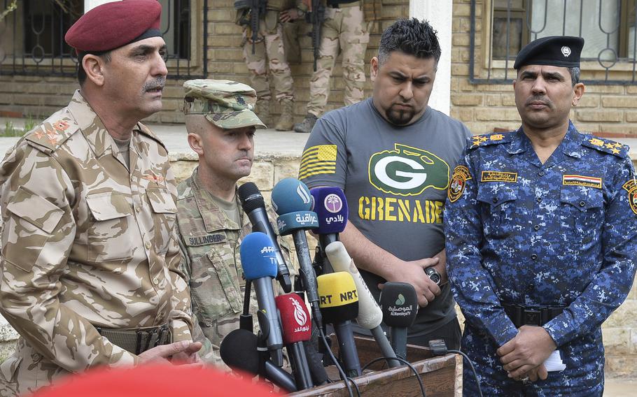 Iraqi Brig. Gen. Yahya Rasoul addresses reporters during a press conference about Mosul operations on Tuesday, March 21, 2017. With him, left to right, is Coalition spokesman U.S. Army Lt. Col. Joey Sullinger, an interpreter, and Iraqi Interior Ministry spokesman Brig. Gen. Saad Maan.