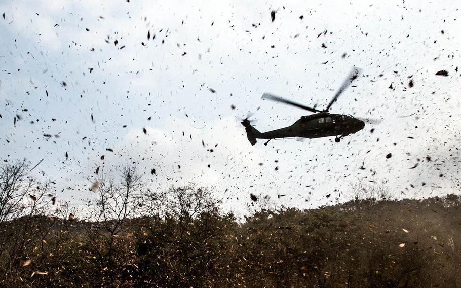 A helicopter lands at the Rodriguez Live Fire Range in Paju, South Korea, Tuesday, March 21, 2017.