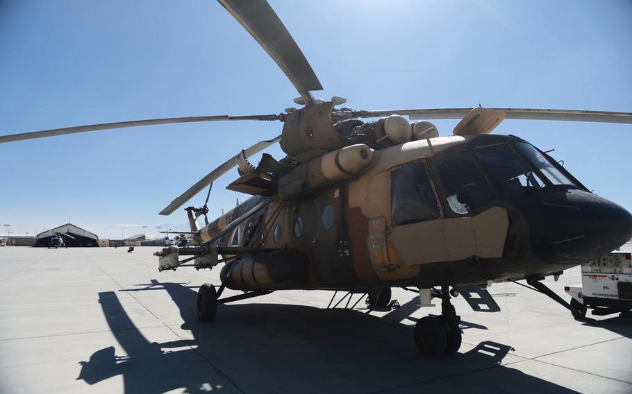 One of the Afghan air force's 46 Mi-17s sits at Kabul's military airport on Feb. 21, 2017. The Russian-made Mi-17s make up the backbone of the AAF, but could be replaced by U.S.-made Black Hawk helicopters in the near future.