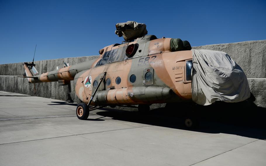 An older Mi-17 helicopter sits at Kabul's military airport on Feb. 21, 2017. The U.S. Defense Department says Afghanistan's 46-strong fleet of Mi-17s will become unsustainable by the middle of next year.