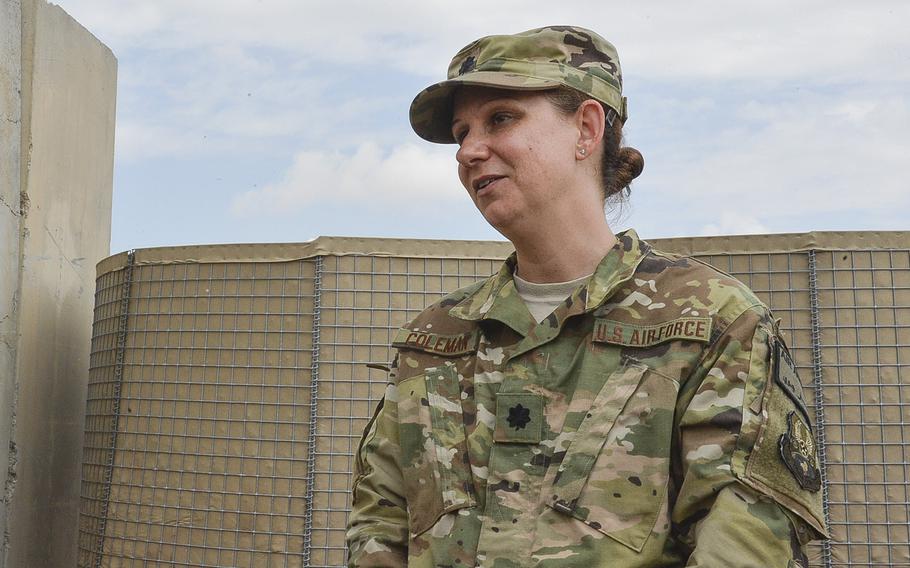 Lt. Col. Carrie Coleman, commander of the 370th Air Expeditionary Advisory Group detachment, speaks to reporters on Qayara Airfield West, Iraq, on March 17, 2017. Coleman said her unit's mission is to keep keep cargo and people flowing through the base's aerial port while also training the Iraqis to eventually operate it fully themselves.