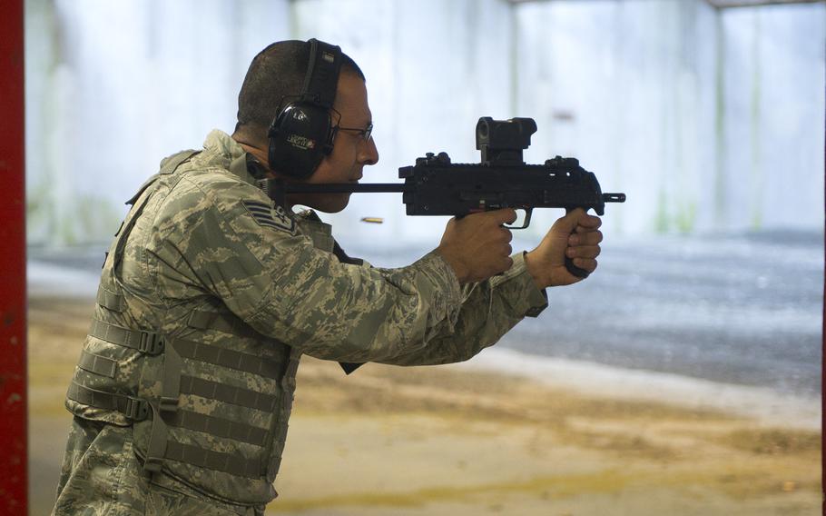 Staff Sgt. Manuel Amaya fires an MP7 at the Vogelweh firing range in Kaiserslautern, Germany, on Thursday, March 23, 2017.